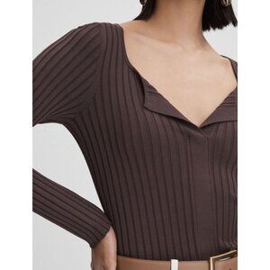 $196 Reiss Womens Jumper Medium Brown Burgundy V Neck Open Collar Top